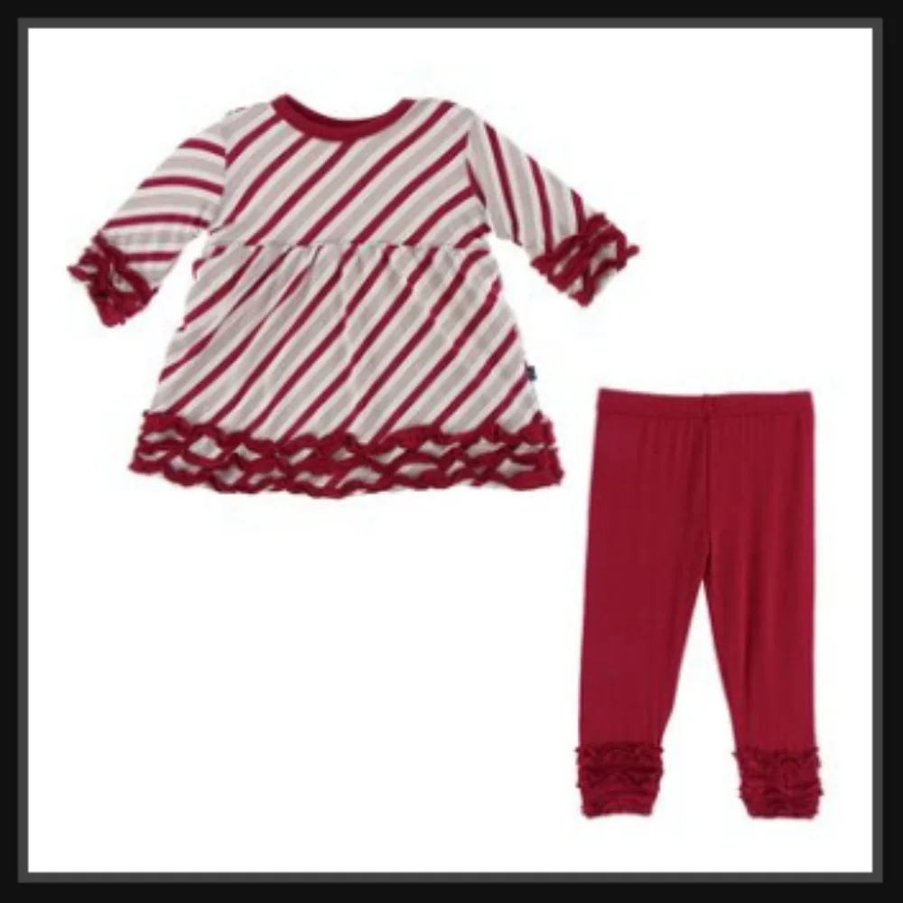 Kickee Pants Babydoll Outfit Set Rose Gold Candy Cane Stripe Size 18-24 Months